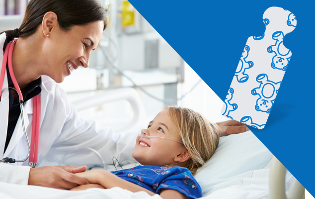 Pediatric patient smiling while receiving ECG monitoring from a healthcare professional in a hospital setting,  Tiny Tab A10027 electrode shown